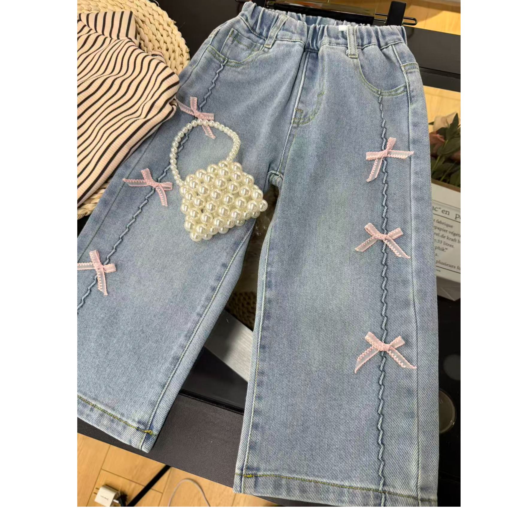 高腰中腰春季B类女儿童牛仔裤裤子水洗时尚宽松直筒