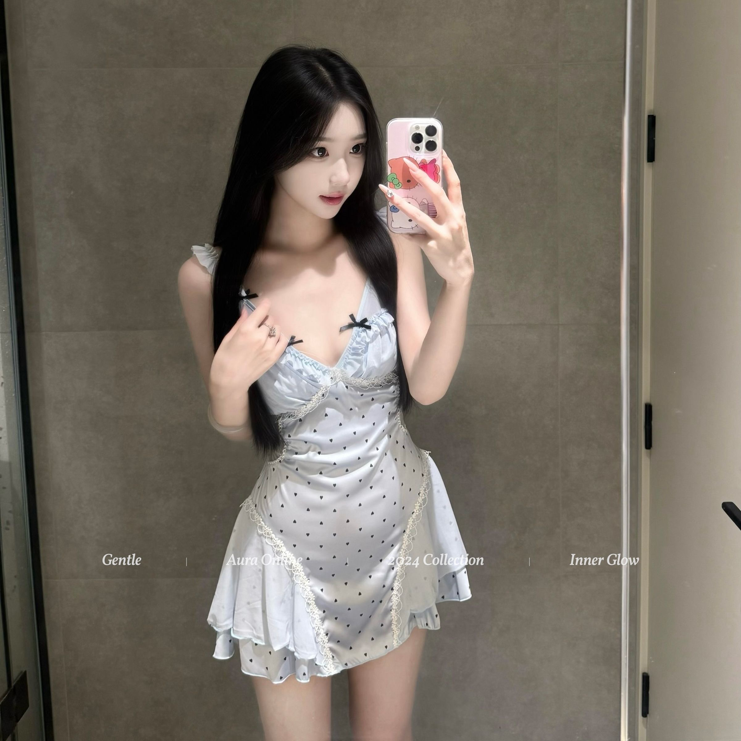 【华灯初上】性感镂空冰丝波点蕾丝无袖吊带睡裙法式甜美裙睡衣女