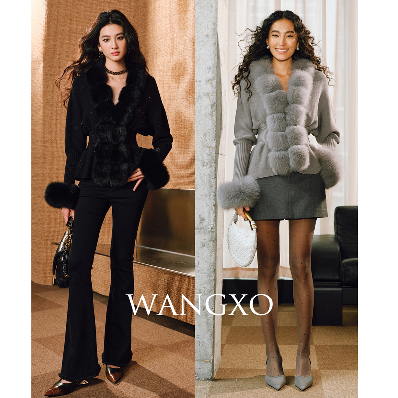 WANGXO【月半弯】可拆卸狐狸毛领收腰针织上衣 2401583W
