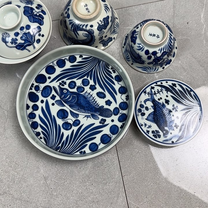 杯曾*森青花鱼藻纹五件套