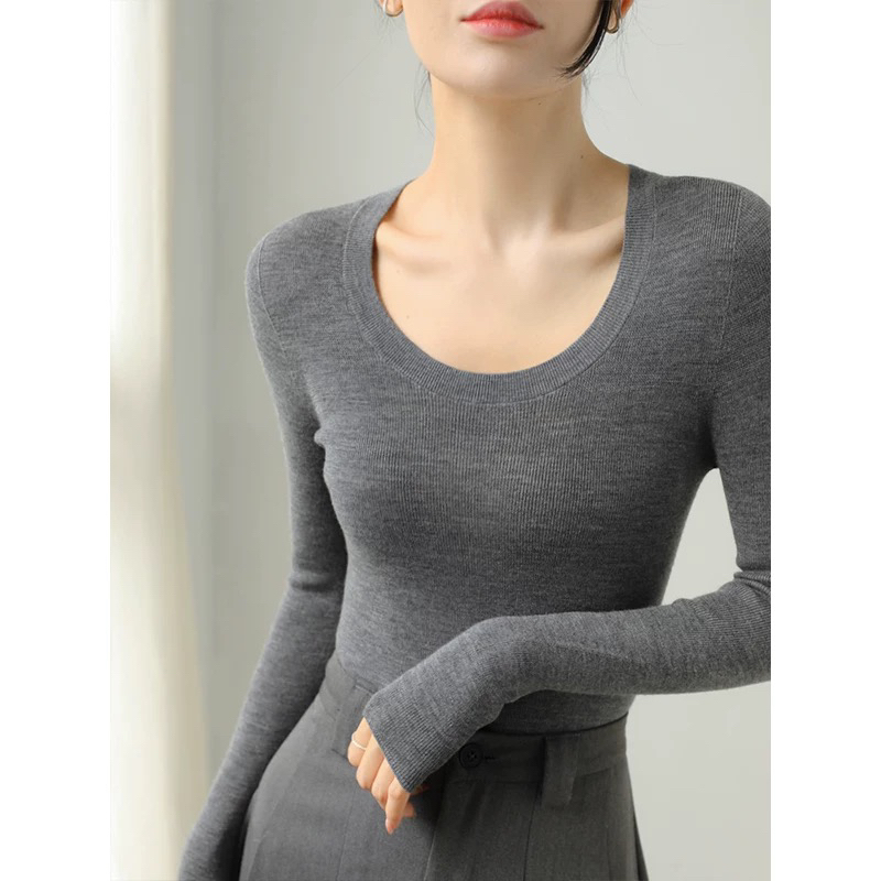 软糯可机洗U领含羊毛针织打底衫女士秋冬内搭上衣