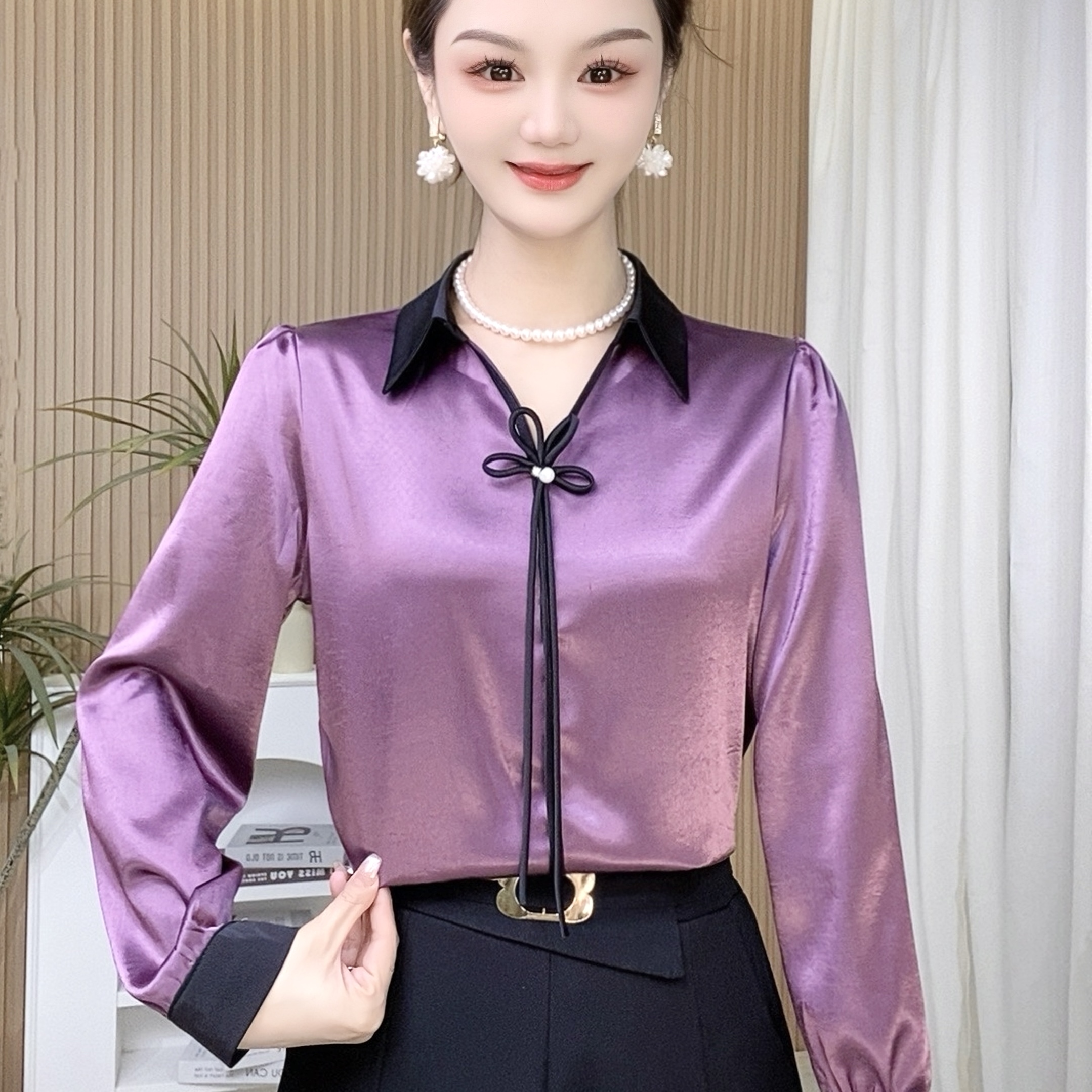 【2502蝴蝶结】春季新款百搭时尚缎面光泽感长袖衬衫女士撞色上衣