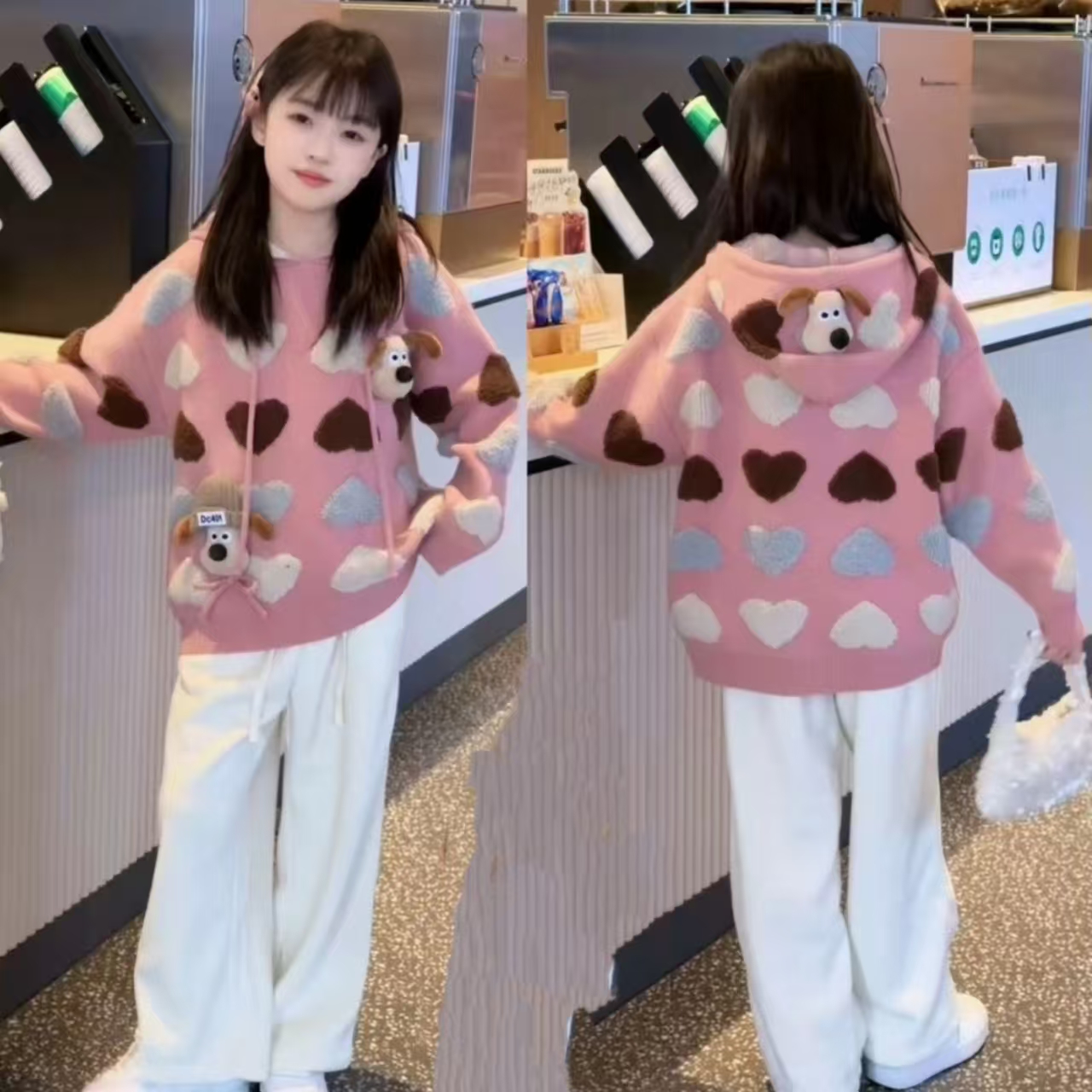 2025女童韩系慵懒风可爱小狗爱心提花加厚连帽毛衣