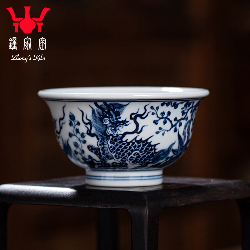 钟家窑陶瓷茶杯景德镇柴窑青花手绘麒麟小压手杯个人功夫茶主人杯