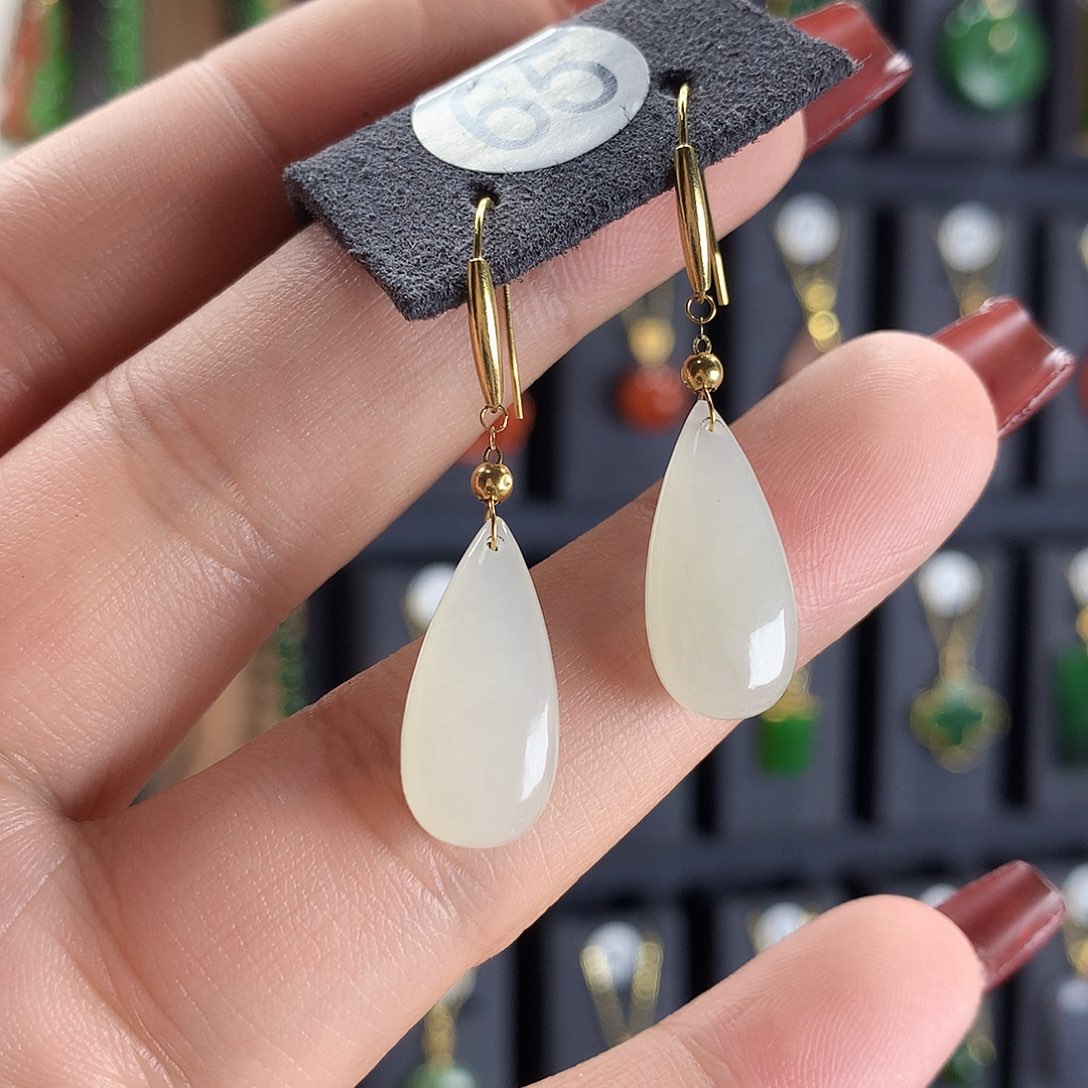 和田玉耳饰18K金镶嵌65