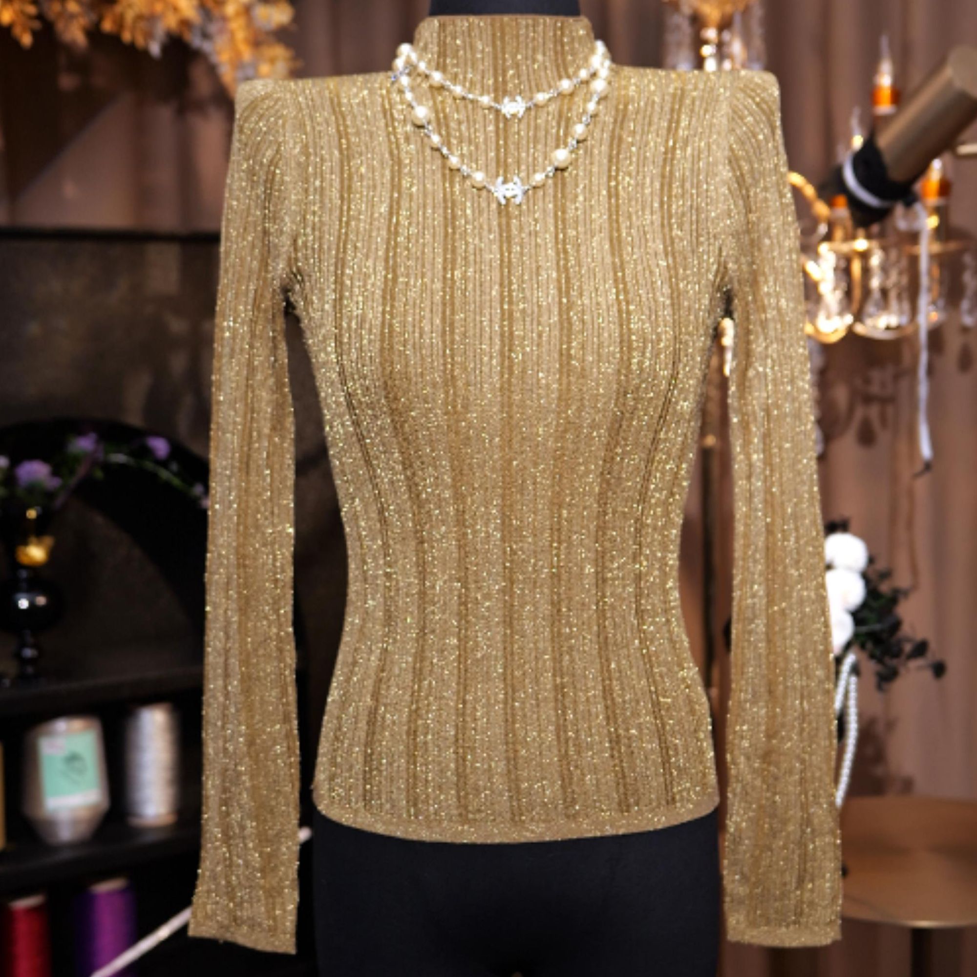 【强哥专属】【金丝雀】意大利水晶纱 UON023 鎏金色女士 套头衫 长袖