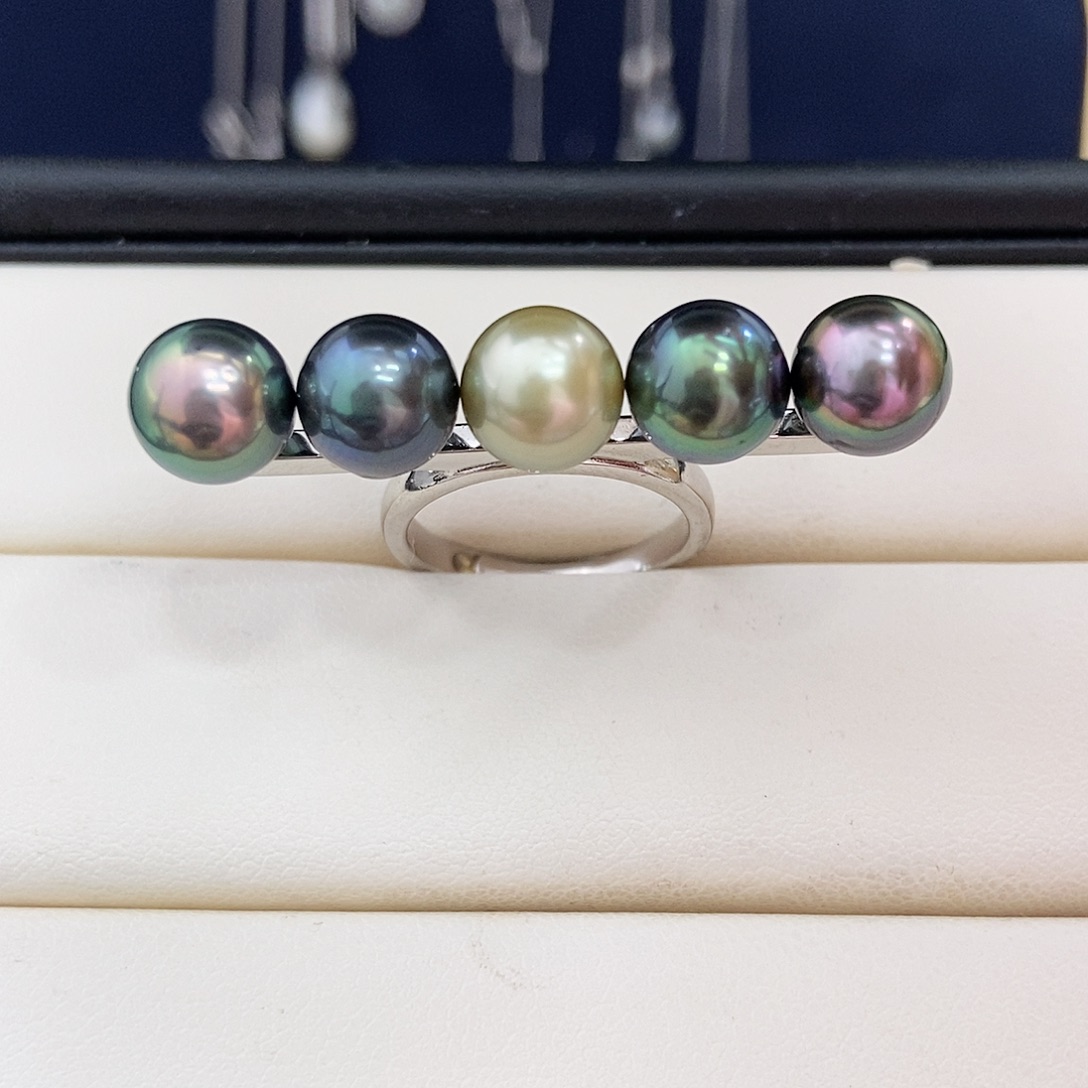 戒圈海水珍珠银S925镶嵌辣辣辣炫彩5珠平衡木大溪地戒指