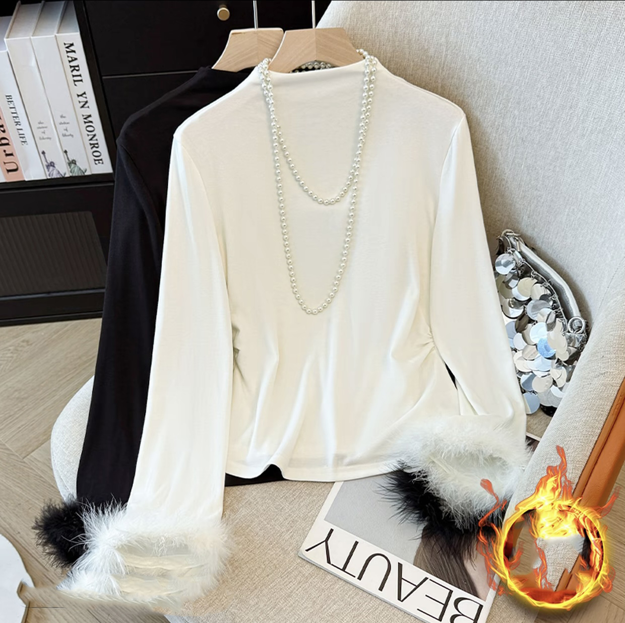 高级感磨毛毛毛袖T恤女秋冬季新款内搭上衣收腰显瘦半高领打底衫