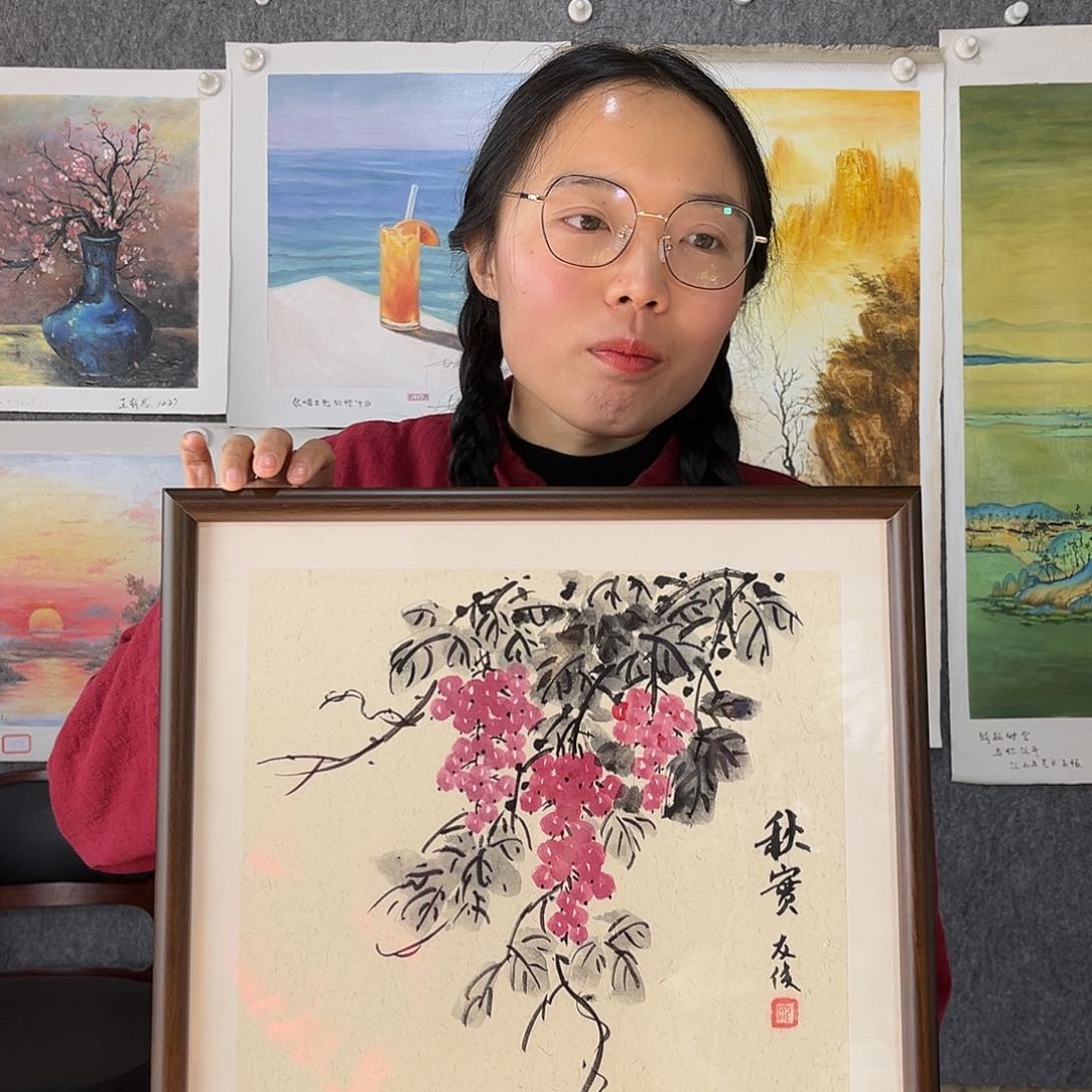 油画行路人小院绘画作品