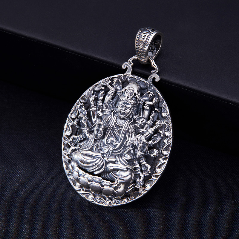 吊坠足银 项链男复古个性守护神做旧项坠千手观音吊坠男士挂坠