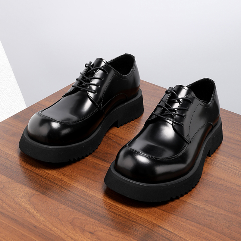 通勤皮鞋男真皮亮面百搭商务休闲男鞋大头增高厚底德比鞋黑色冬季