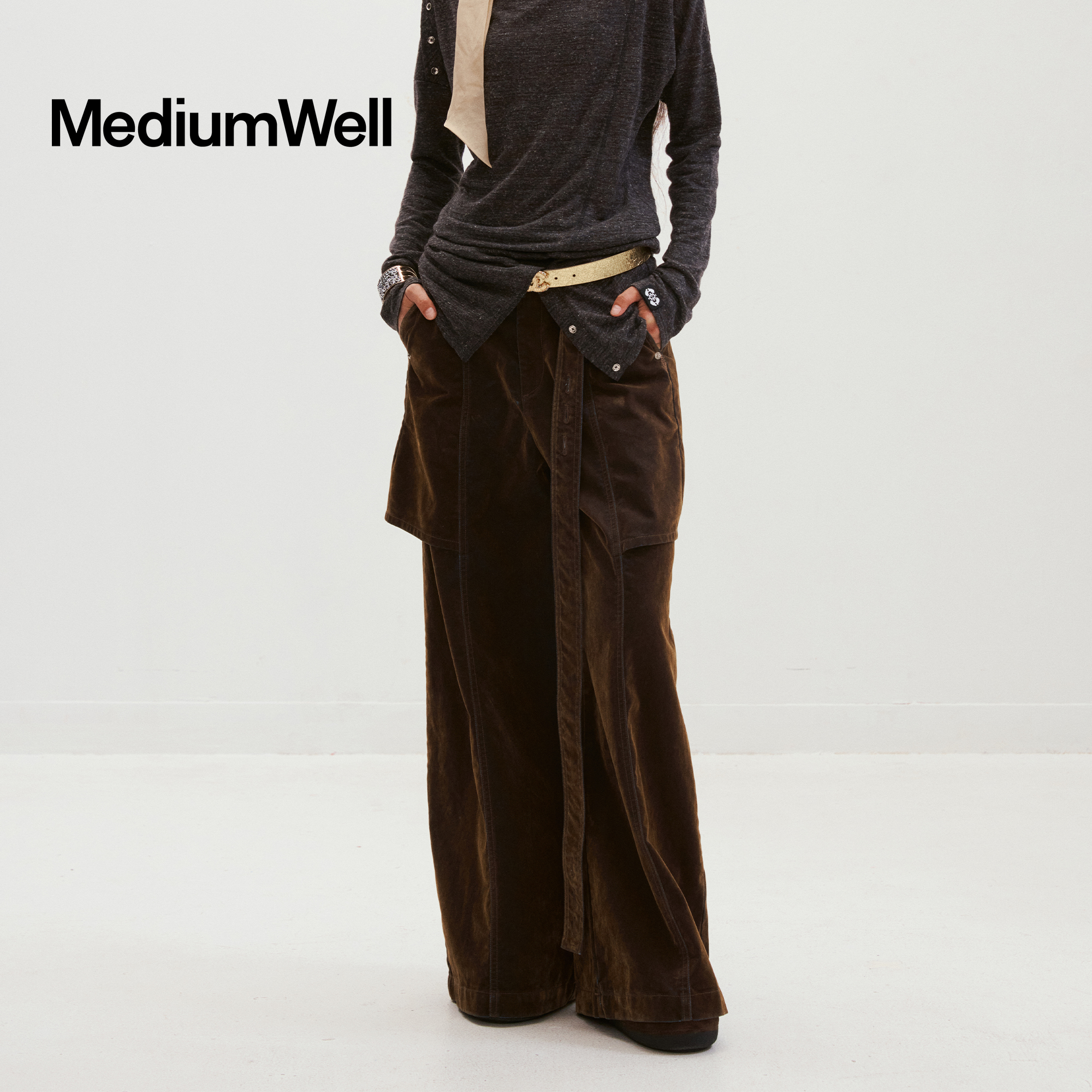 MEDIUM WELL_植绒线迹插片阔腿裙裤_Flocked Culottes