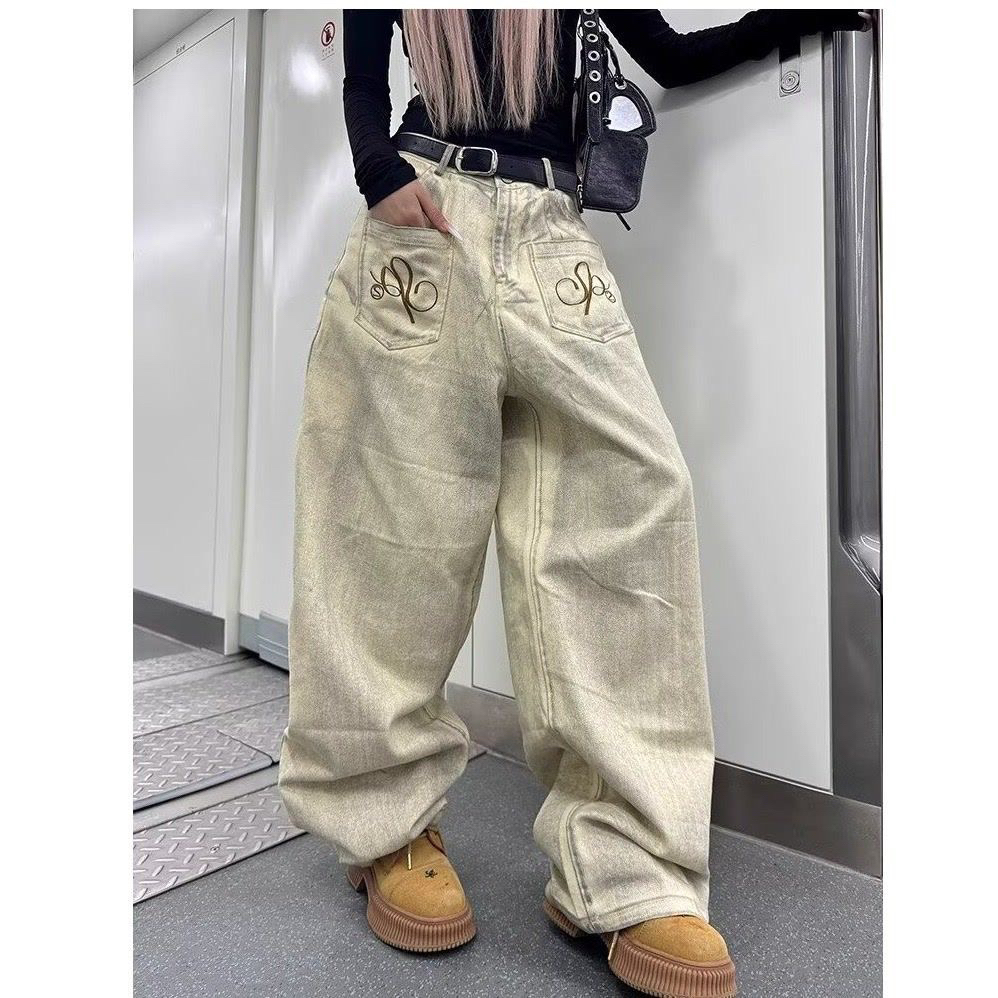 美式复古小众高级感牛仔裤男女宽松阔腿裤潮牌设计感裤子