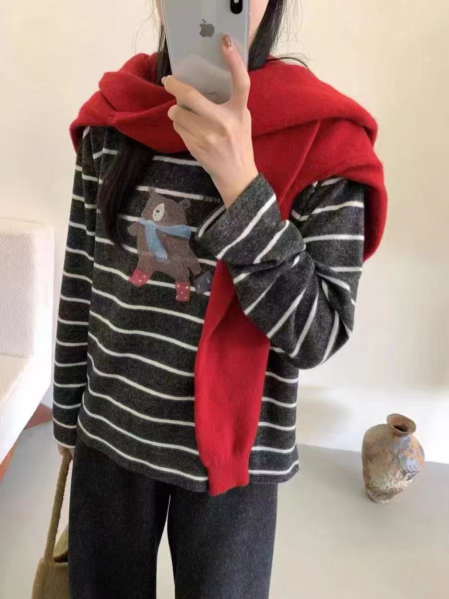 印花【条纹小熊】打底连帽女士T恤动物长袖套头常规型百搭