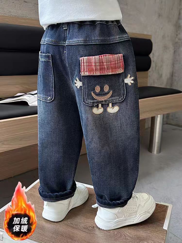 男童加绒裤子秋冬款2025新款儿童洋气一体绒牛仔裤宝宝冬装休闲裤