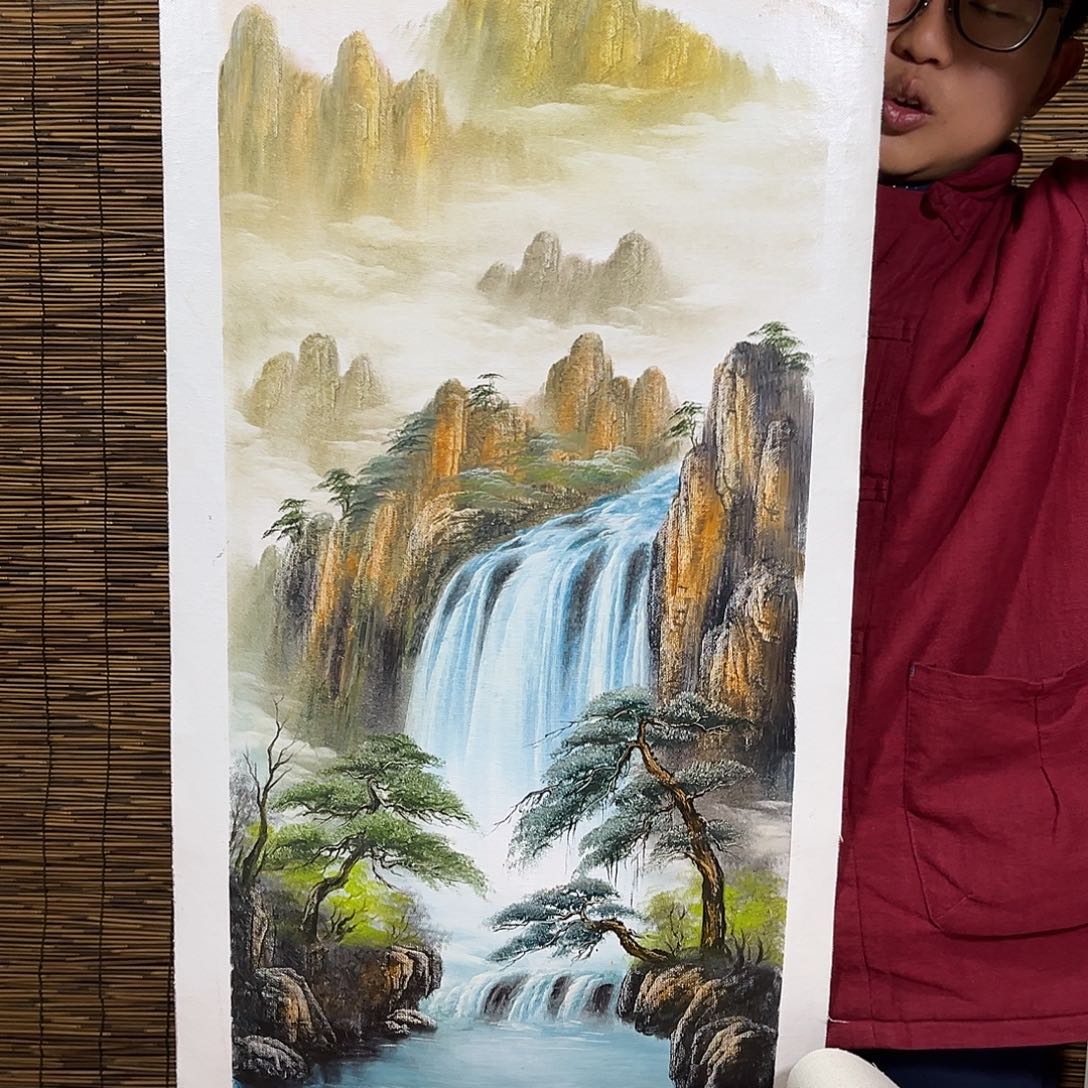 油画行路人小院绘画作品