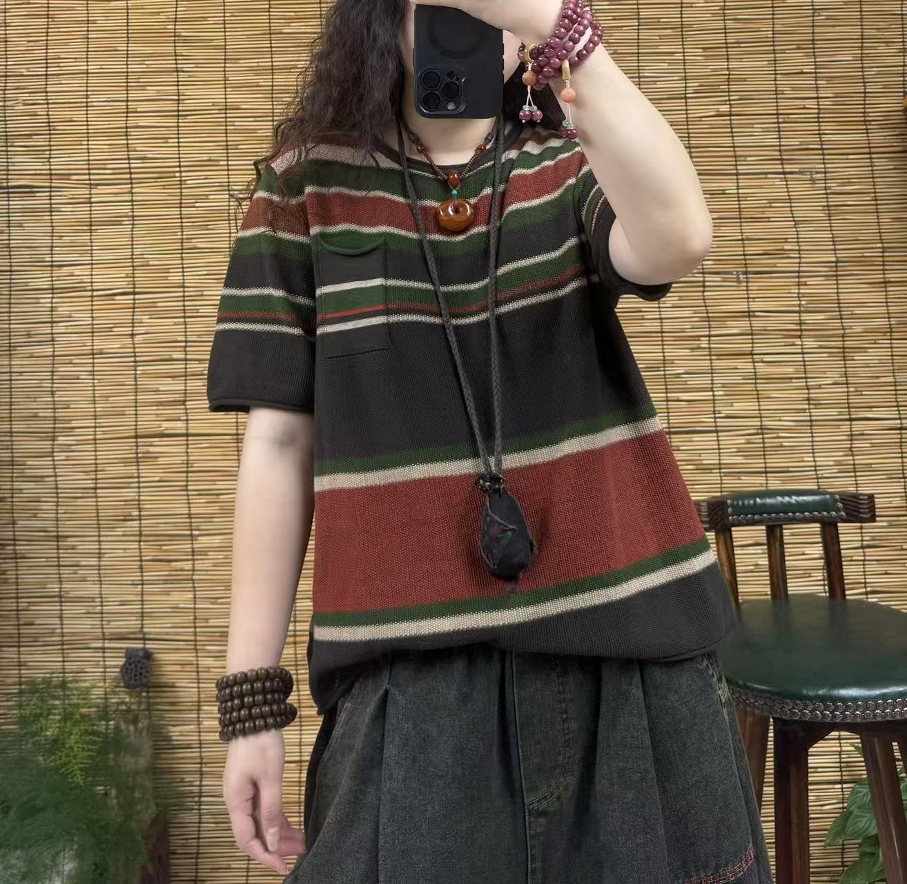 3311针织彩条短袖上衣（长58左右，90-150斤）