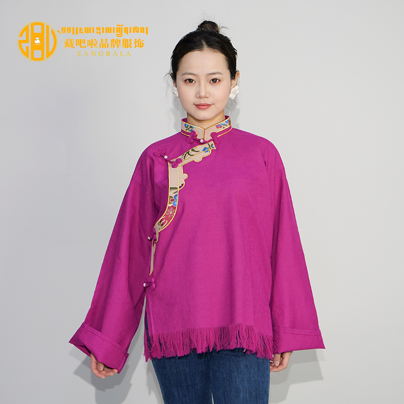 藏吧啦女士高档棉锦贴绣衬衣春季长袖衬衫藏袍内搭上衣