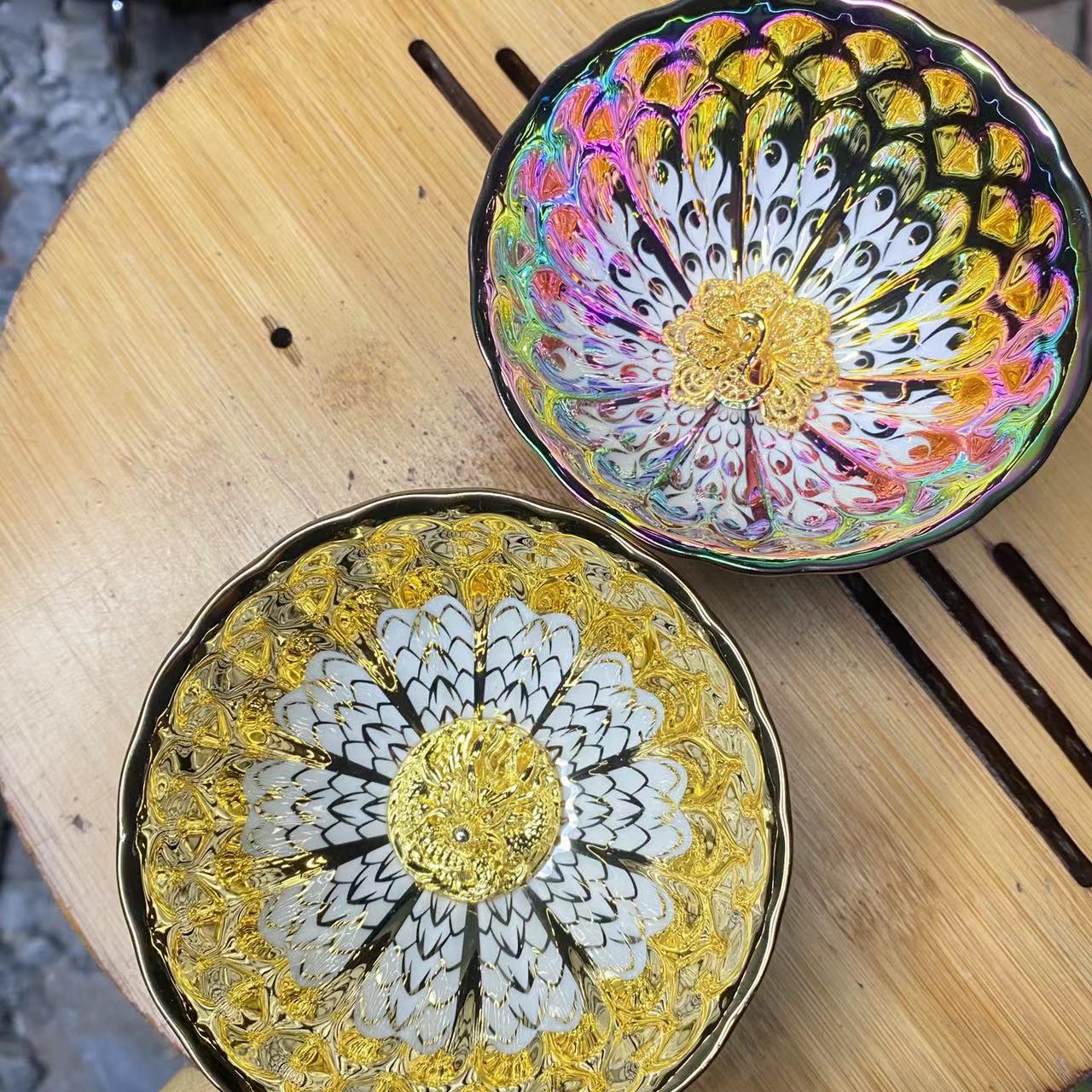 手工茶器 金玉满堂金龙+梦幻之羽孔雀对杯