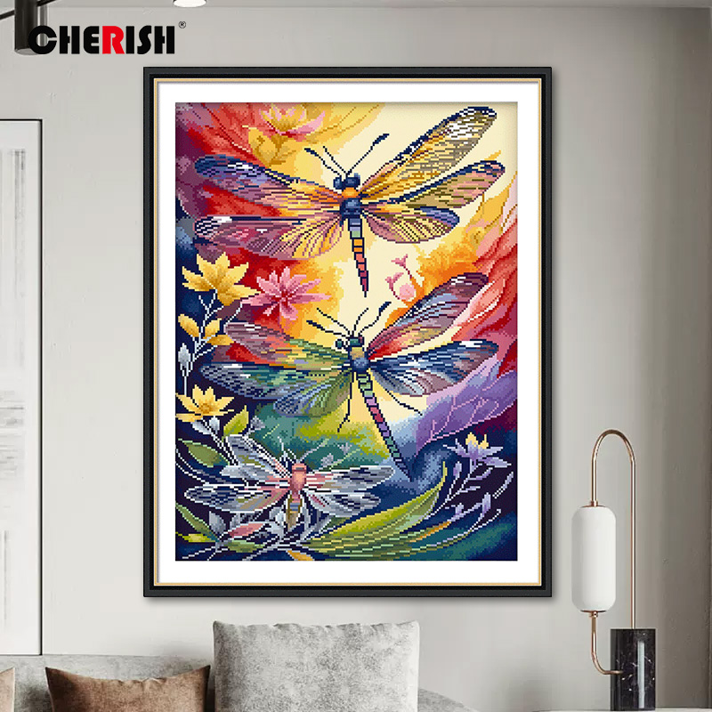 珍爱14CT小格彩色蜻蜓十字绣2025新款线绣客厅卧室餐厅简约现代绣