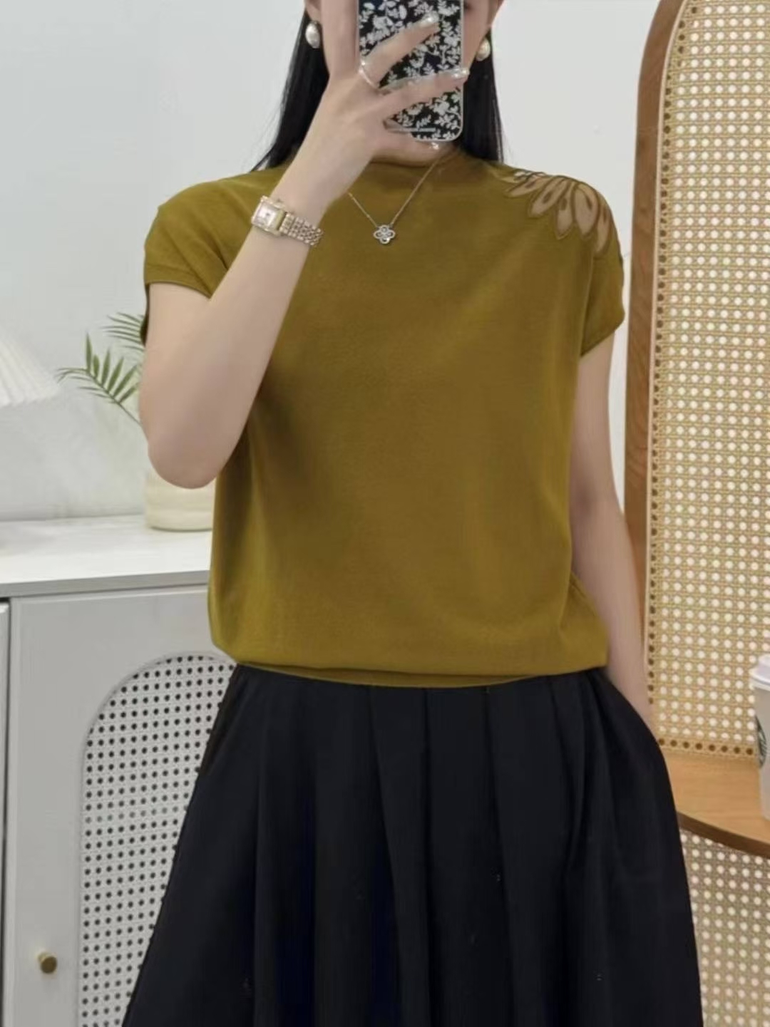 短袖春季夏季常规镂空宽松气质毛针织衫时尚上衣拼接