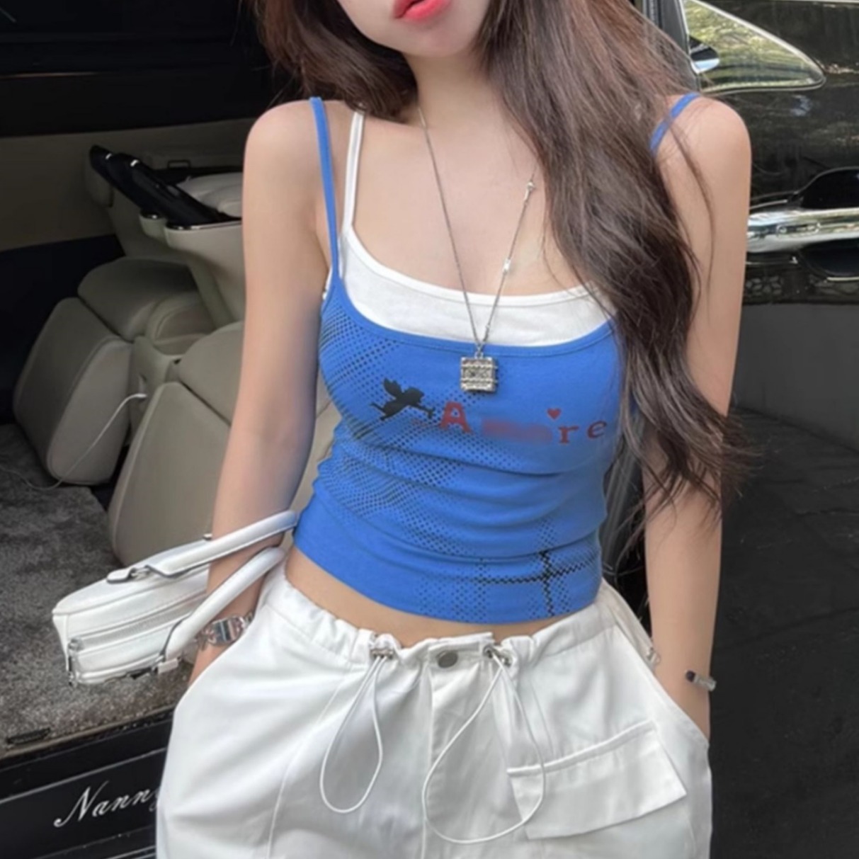 撞色假两件吊带背心性感辣妹简约字母紧身显瘦内搭外穿美背