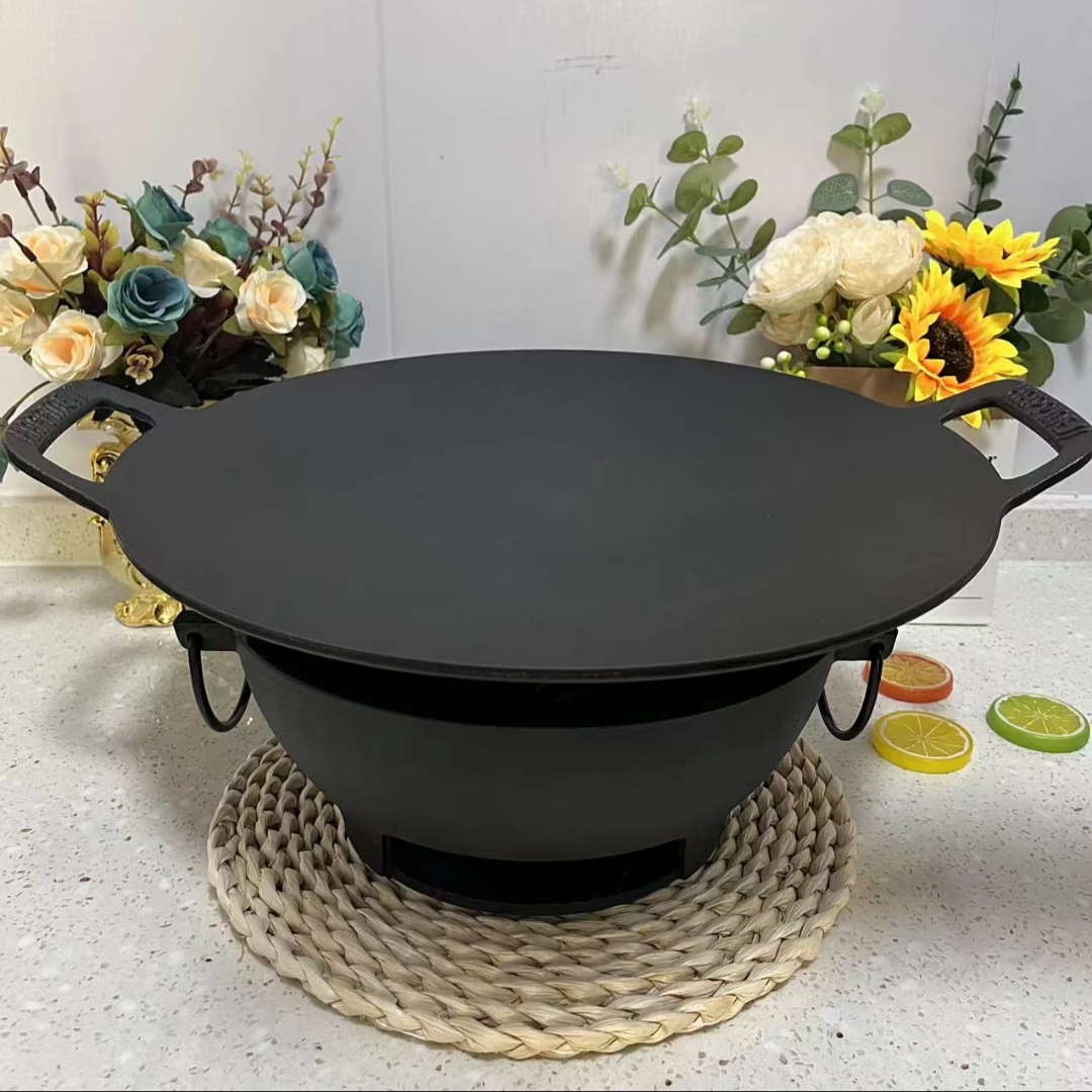 小幸福28-38cm家庭户外多功能野炊铸铁烧烤盘凹面鏊子煎盘多用