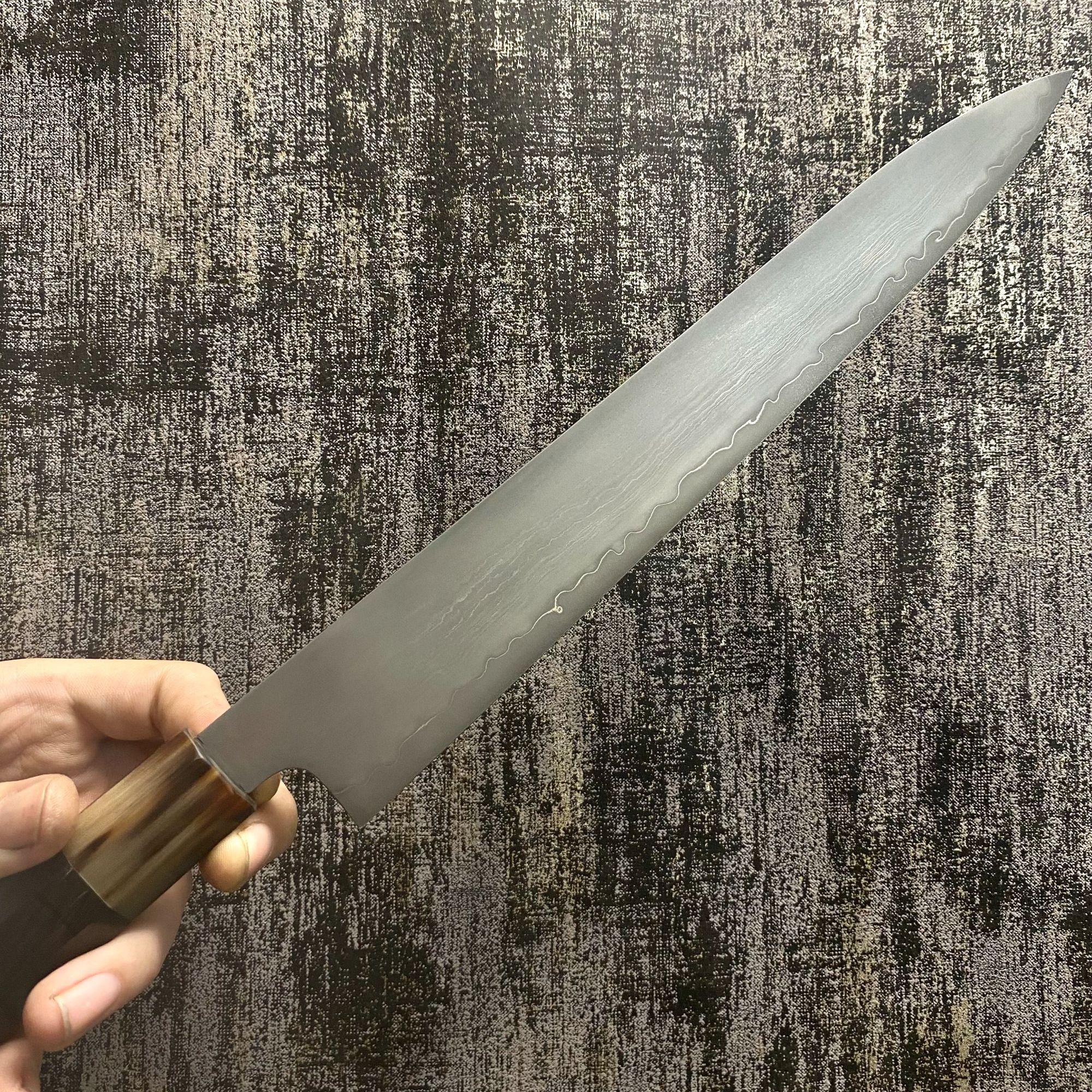 浪人作 D2筋引 墨流刀面 单牛角柄 手工研磨