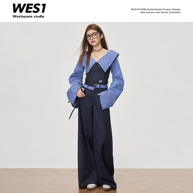 WESTAYONE 一字肩假两件衬衫/藏青色双腰阔腿裤