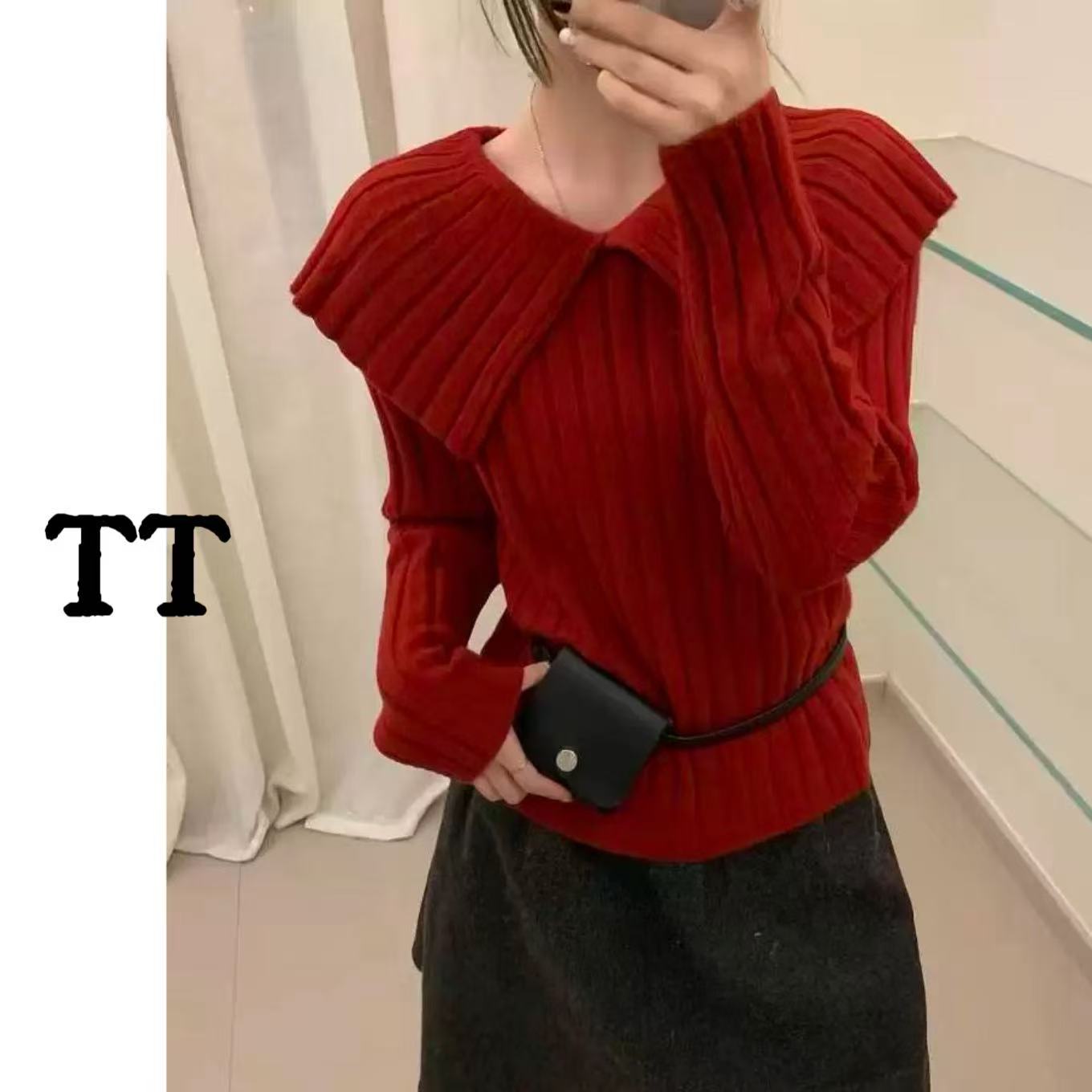 【雅典娜】高级翻领设计感针织衫女秋冬季慵懒百搭上衣～10360