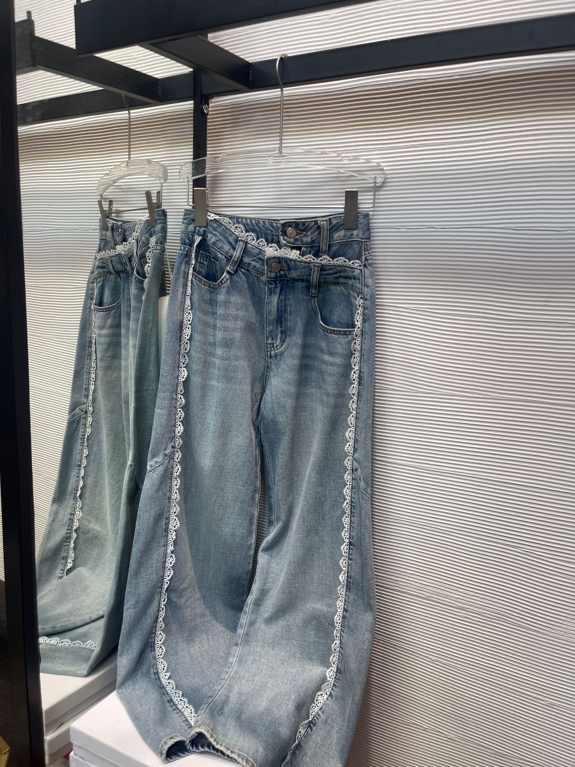 1825#拼接蕾丝边高腰牛仔裤女显瘦直筒百搭阔腿拖地裤