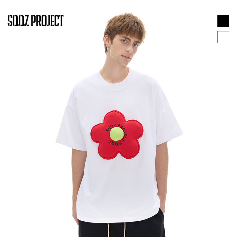 SQQZ PROJECT春夏新款300G立体花朵绣花圆领宽松短袖T恤情侣款
