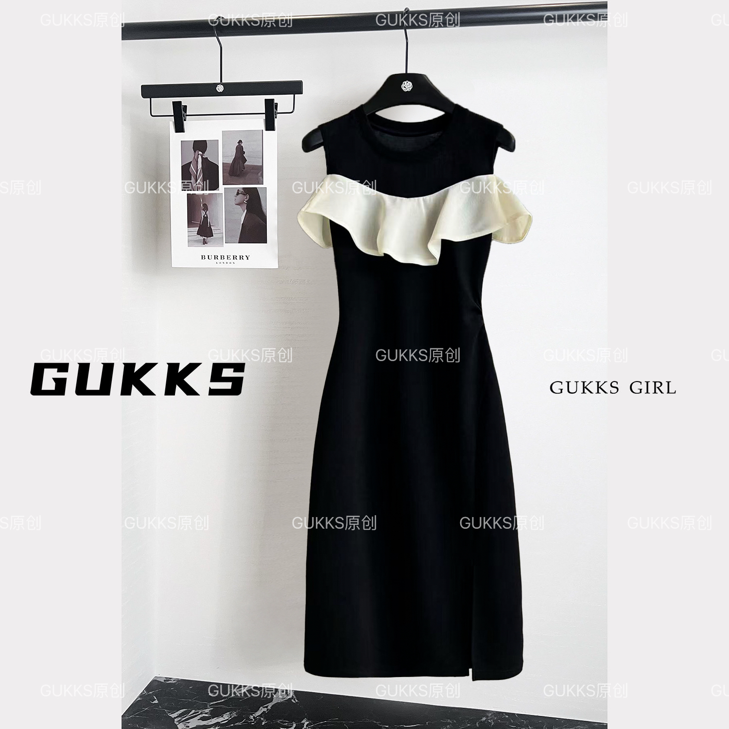 GUKKS/法式赫本连衣裙女夏2025新款流行露肩小黑裙GK764