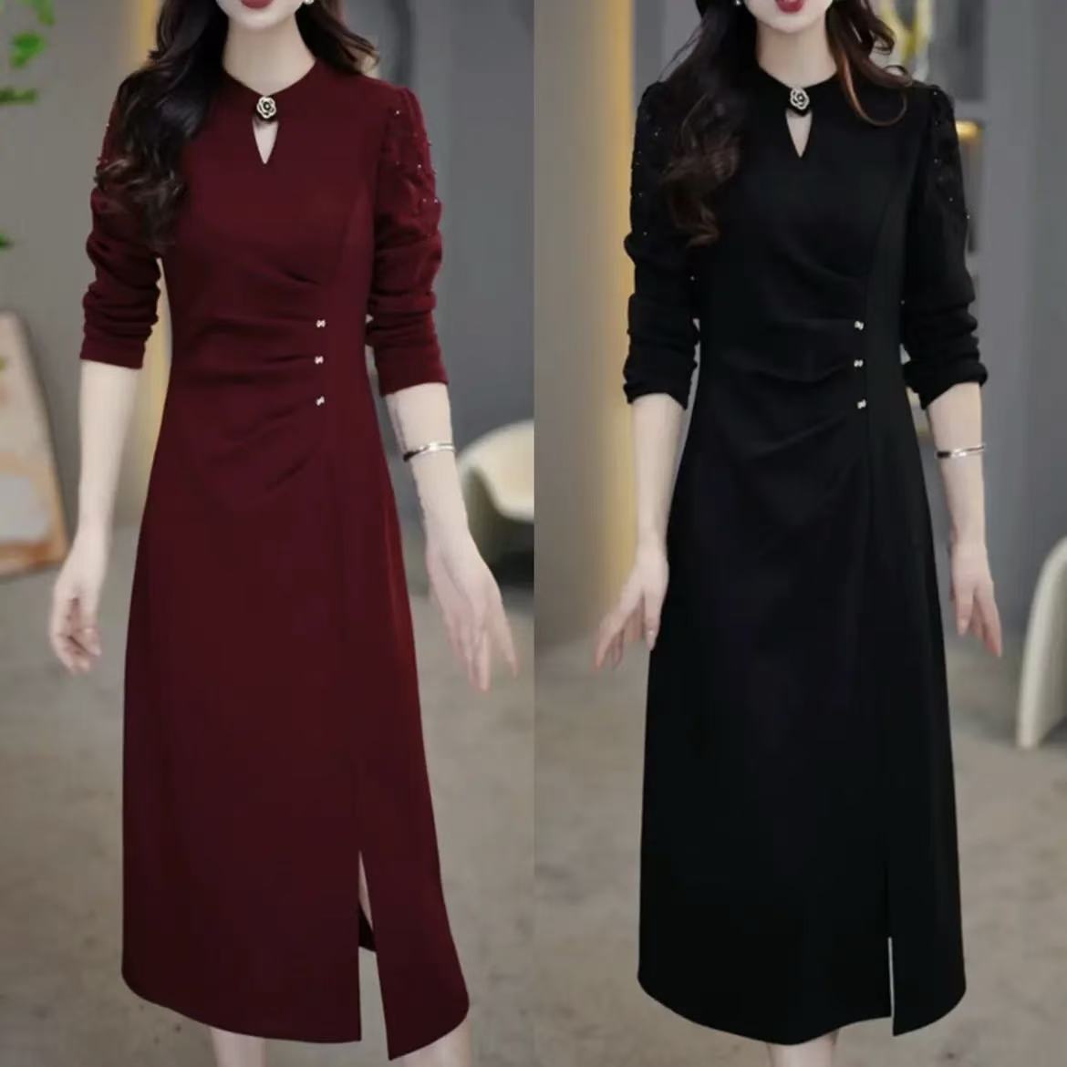 【吉遇优选】1150-1334#秋季新品显瘦减龄锦棉罗马长袖连衣裙