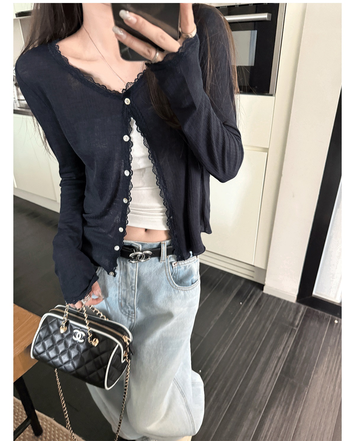 蕾丝拼接花边软糯面膜防晒针织开衫轻薄外套上衣女夏