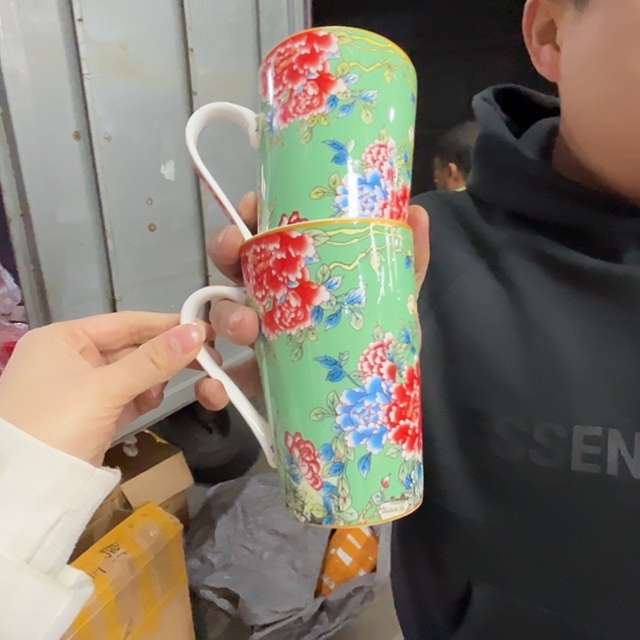 瓷片景德镇陶瓷绿牡丹马克杯2只