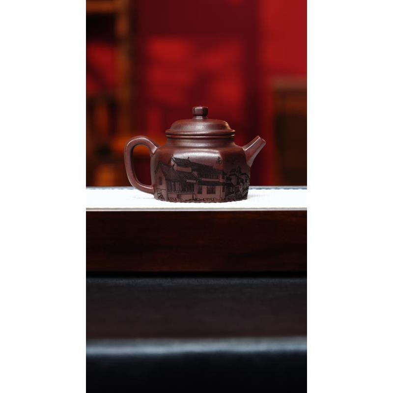宜兴紫砂 六方德钟壶 220cc 古乌泥 周昌英h001
