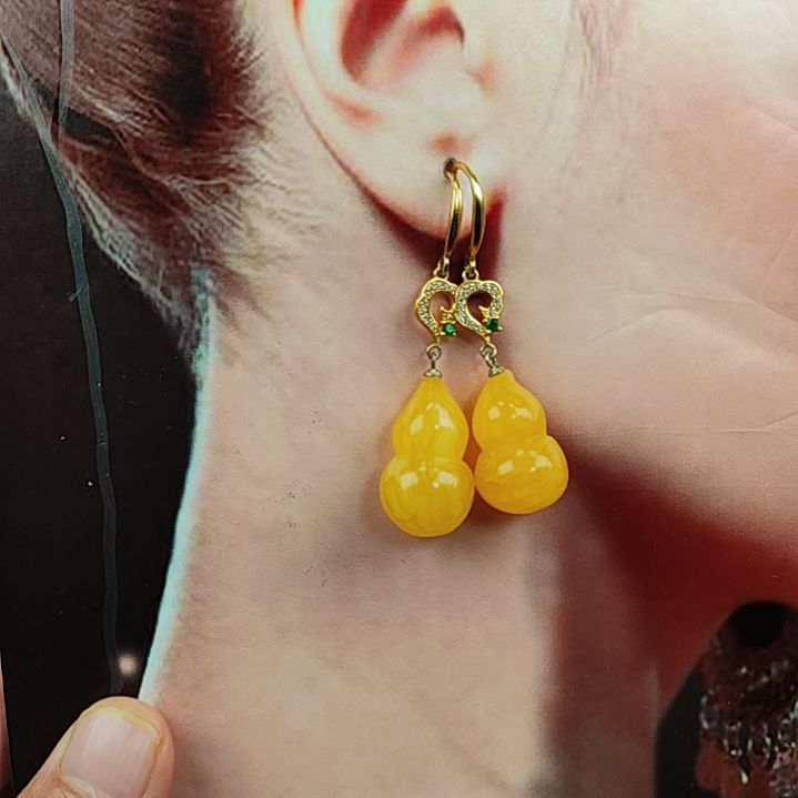 琥珀耳饰银S925镀金镶嵌