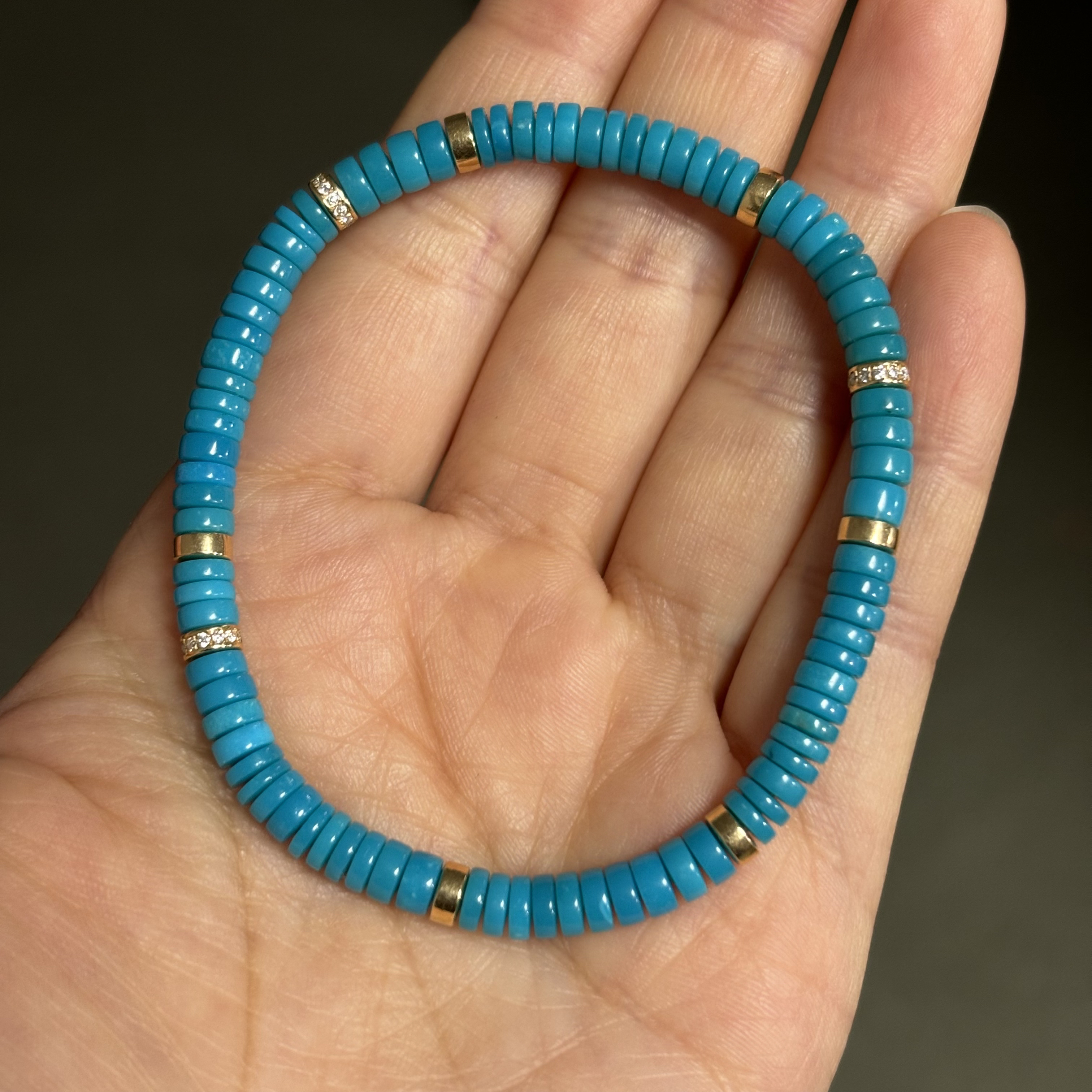 天然绿松石手串搭配18k金钻直径4.7mm手围16+