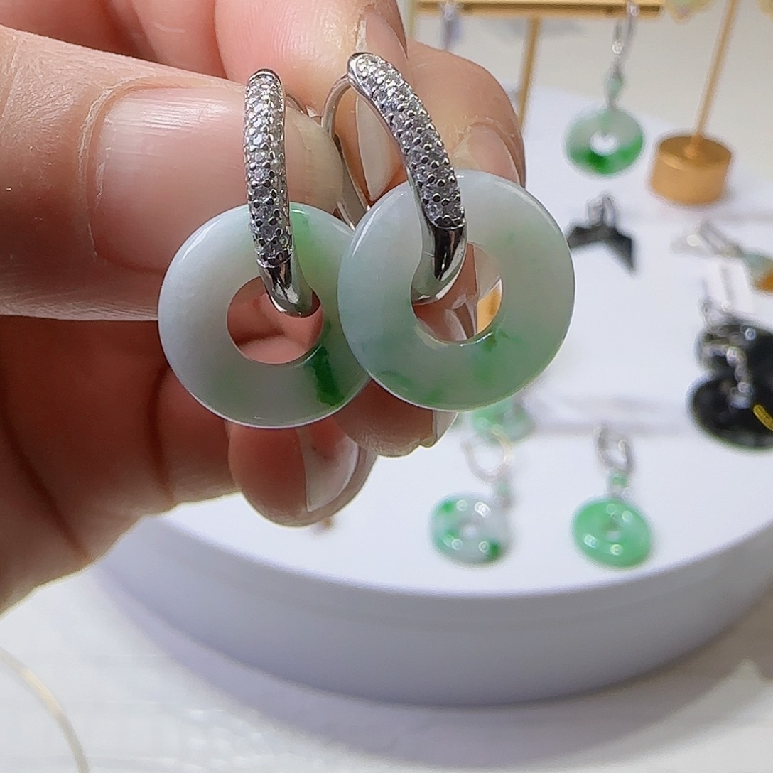 翡翠耳饰银S925镶嵌天然缅甸a货翡翠