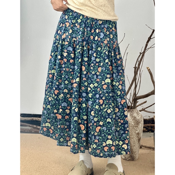 复古文艺碎花磨毛棉麻半身裙女秋冬新款蓬蓬裙优雅风中长款A字裙