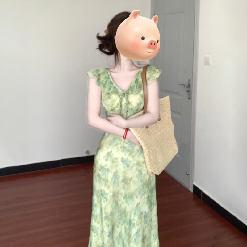 2025新款绿色碎花荷叶边连衣裙女装初夏季穿搭气质收腰包臀裙2103