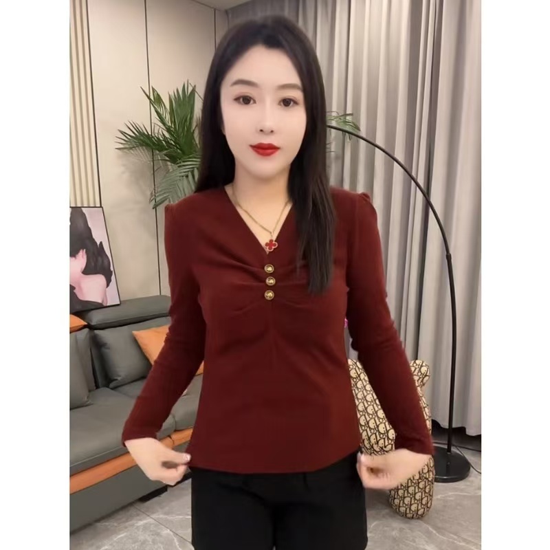 蜗牛家气质款百搭基础纽扣设计打底衫3165