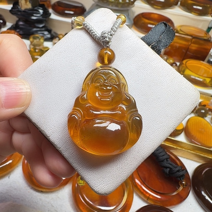 琥珀颈饰未镶嵌天然缅甸琥珀笑佛吊坠