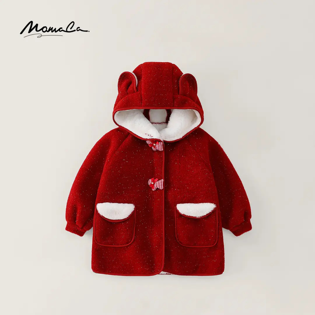 MOMOCO冬季女童甜美连帽大衣喜庆玩偶装饰加绒外套77880104004