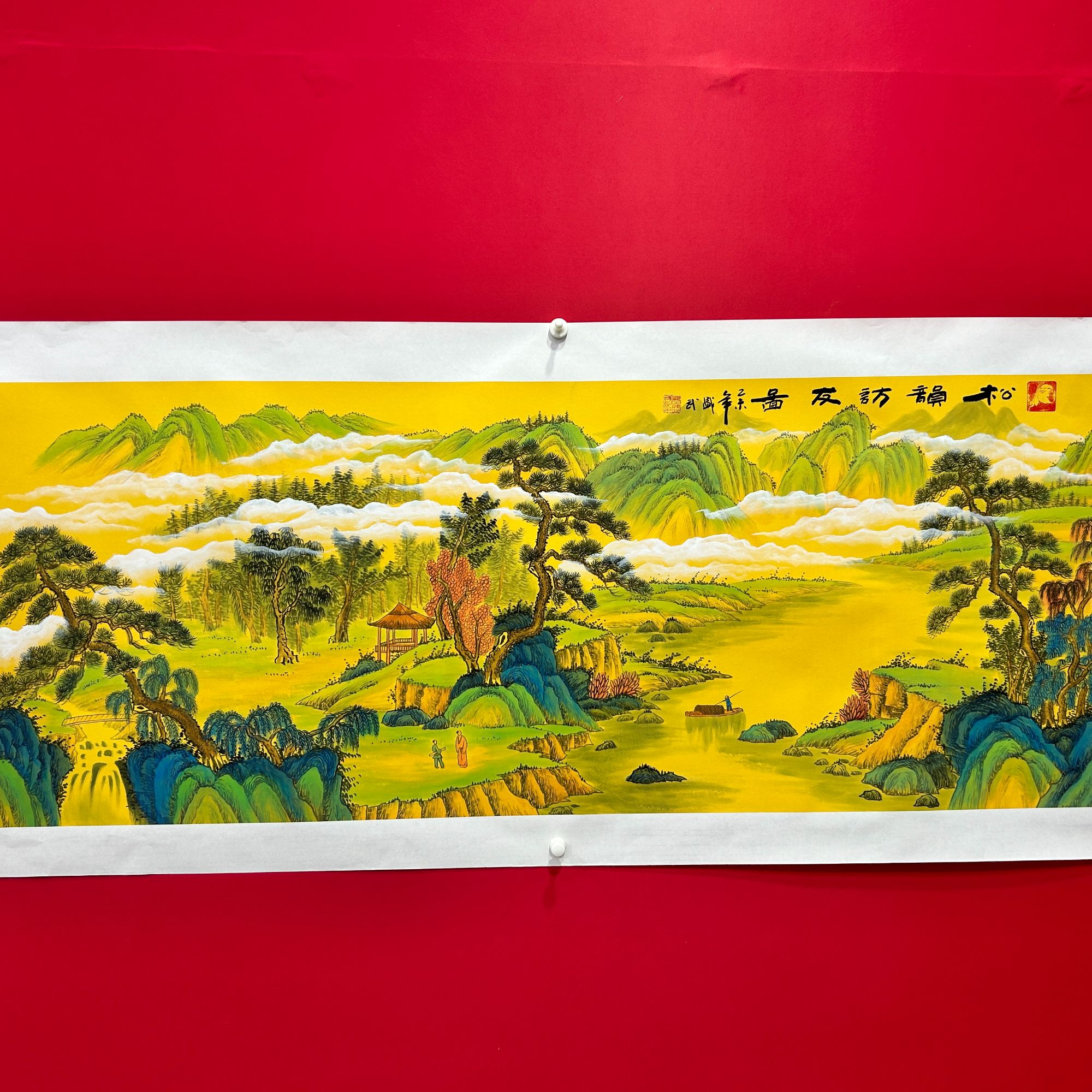 熊盛武-手绘宣纸六尺横幅松韵访友图山水画