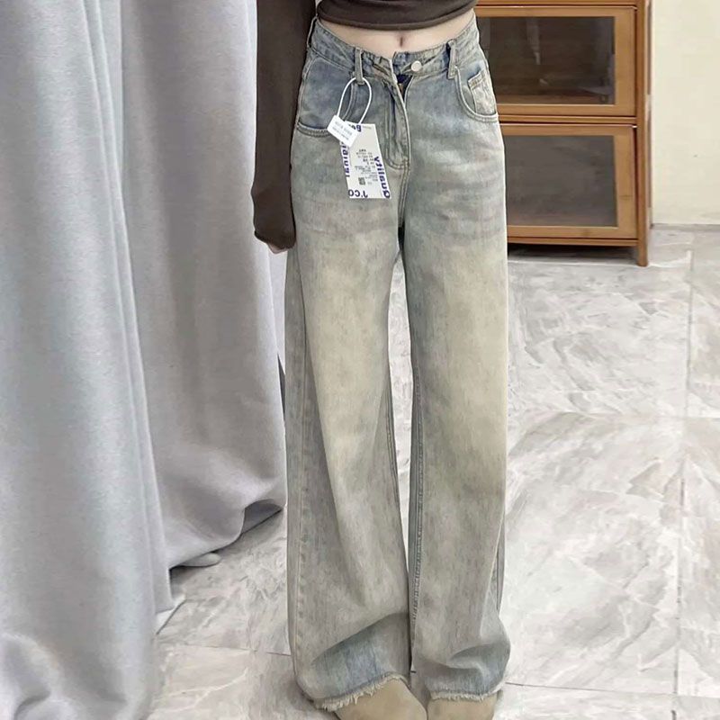 2025阔腿牛仔裤美式复古女夏季设计感高腰宽松显瘦毛边直筒长裤