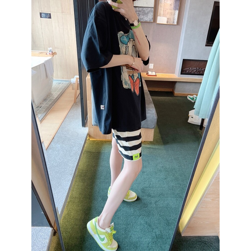 唐老鸭睡衣女夏季可外穿宽松条纹短裤套装减龄休闲家居服两件套
