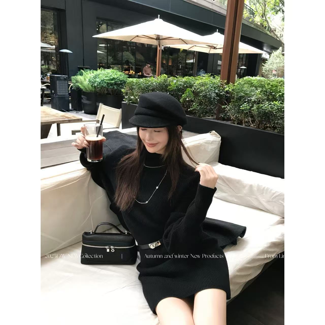 【林千入·柔软时光】秋季高弹力高腰圆领裙子+腰带针织时尚套装