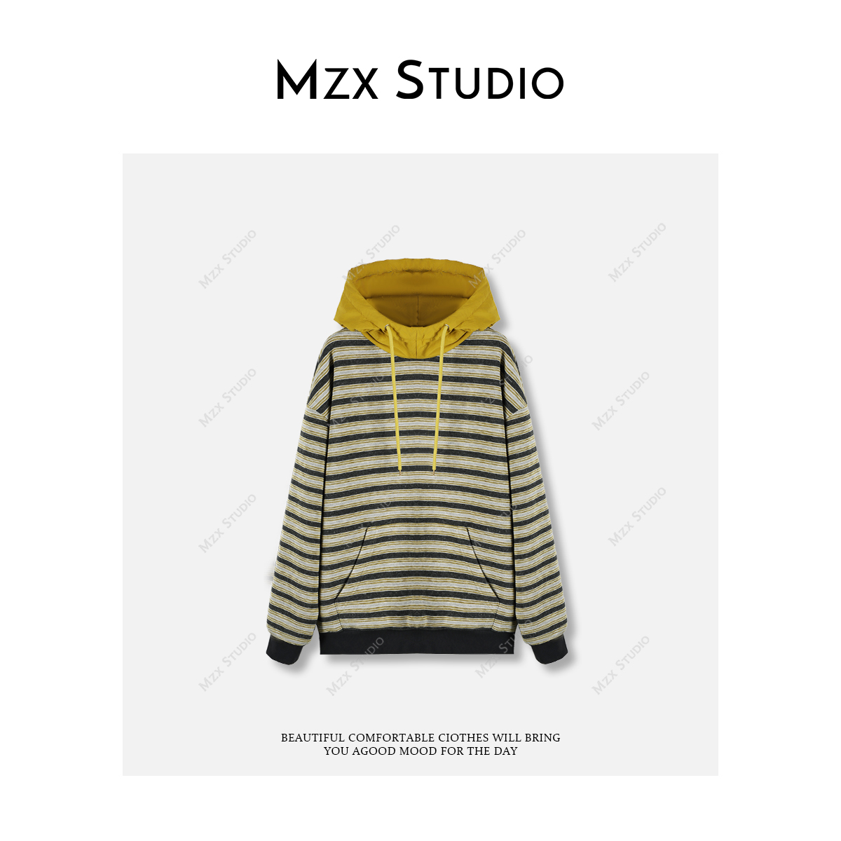 MZX  复古条纹撞色连帽设计感休闲宽松百搭加绒加厚卫衣SY11301-C